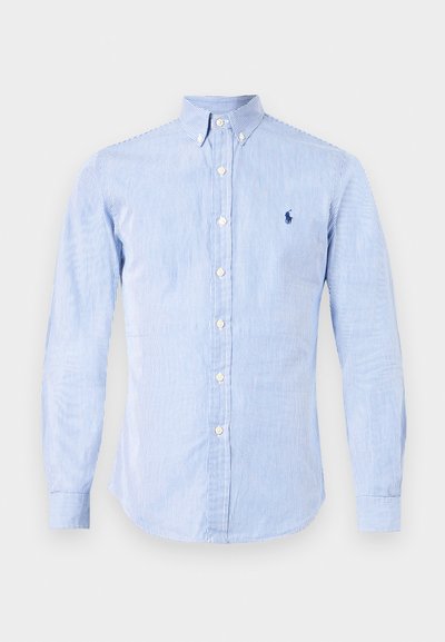 Világoskék-fehér függőleges csíkos hosszú ujjú gombos ing, gombos gallérral és kis hímzett logóval a mellrészen.