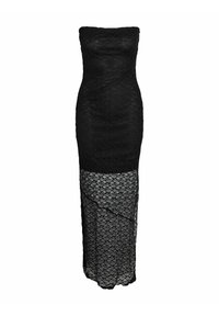 Robe noire bustier en dentelle avec corsage ajusté et jupe semi-transparente en dentelle florale s'étendant jusqu'au sol.