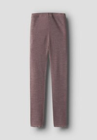 Leggings violets, ajustés, fabriqués en tissu texturé avec un motif subtil. Le design comprend une taille lisse et des poignets ourlés.