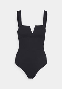 Maiô preto canelado, com decote em V, alças largas e silhueta ajustada, apresentando um design minimalista e textura suave.