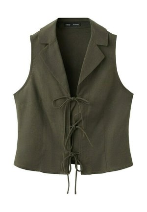 Gilet sans manches vert olive avec larges revers et trois fermetures à nouer à l'avant, en tissu texturé.