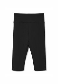 Leggings noires arrivant aux genoux, fabriqués en tissu extensible, dotés d'une large taille et de coutures plates pour le confort. Pas de motifs ou d'accents visibles.