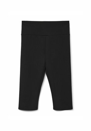 Leggings noires arrivant aux genoux, fabriqués en tissu extensible, dotés d'une large taille et de coutures plates pour le confort. Pas de motifs ou d'accents visibles.