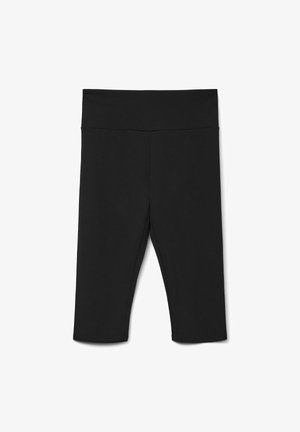 Leggings negros hasta la rodilla hechos de un tejido elástico, con una cinturilla ancha y costuras planas para mayor comodidad. Sin patrones ni acentos visibles.
