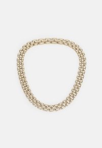 Gold-colored chain necklace with two linked rows of oval and rectangular links, smooth texture and metallic finish.