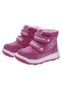 Botines rosas hasta el tobillo con dos correas ajustables de Velcro, parte superior de sintético, forro de felpa y patrones de corazones en los laterales; suela de goma.