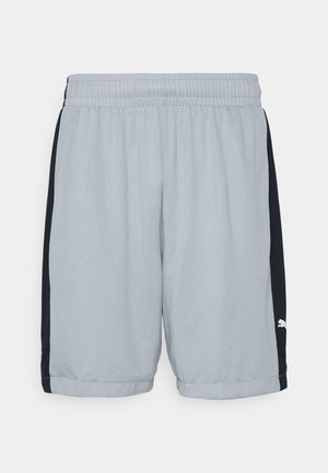 Hellgraue Sportshorts mit schwarzen Seitenteilen und elastischem Bund, versehen mit einem kleinen weißen Puma-Logo auf der linken Seite.