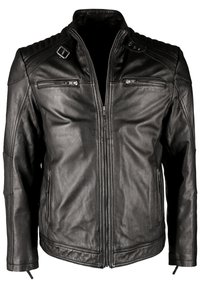 Schwarze Lederjacke mit Zippverschluss vorne, gepolsterten Schultern und zwei Reißverschluss-Brusttaschen. Verfügt über eine glatte Textur und ein strukturiertes Design.