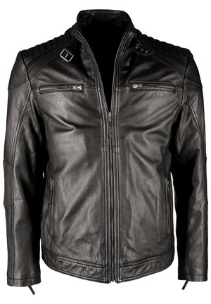 Schwarze Lederjacke mit Zippverschluss vorne, gepolsterten Schultern und zwei Reißverschluss-Brusttaschen. Verfügt über eine glatte Textur und ein strukturiertes Design.
