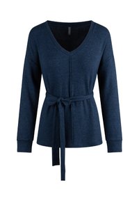 Maglione blu navy con scollatura a V, maniche lunghe e cintura in vita annodata. Realizzato in tessuto morbido con una finitura testurizzata.