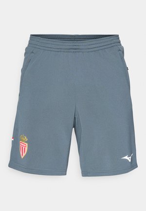 Gray athletic shorts made of lightweight fabric. Features an elastic waistband, side pockets, and a red and gold team logo on the left leg.