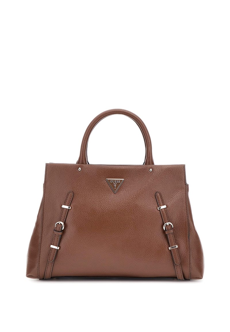 Sac à main en cuir texturé marron avec double poigné supérieur, quincaillerie en argent et un badge logo triangulaire proéminent à l'avant.