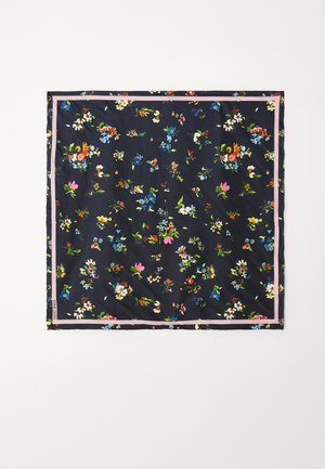 Seidenschal mit floralem Muster, der einen navyblauen Hintergrund und lebendige Blumen zeigt, umrandet von einer dünnen pinken Linie. Quadratische Form, glatte Textur.