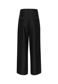 Black wide-leg trousers with a smooth texture, mid-rise waist, two back pockets, and a subtle sheen. Tailored fit with clean lines.
