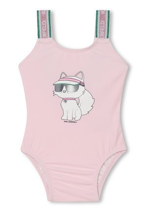 Costume da bagno intero rosa con una grafica di una volpe dei cartoni animati che indossa occhiali da sole. Presenta spalline glitterate verdi con accenti del logo del brand. Tessuto morbido.