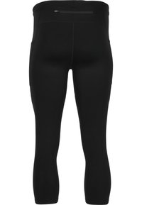 Schwarze Sportleggings mit mittelhohem Bund, glatter Textur und einer Reißverschlusstasche auf der Rückseite zur Aufbewahrung. Geeignet für verschiedene Aktivitäten.