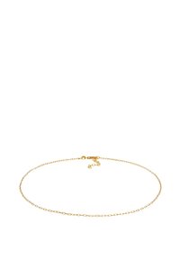 Collana in metallo dorato con piccoli anelli allungati, dotata di una chiusura sicura e di una catena di estensione regolabile per variare la misura.