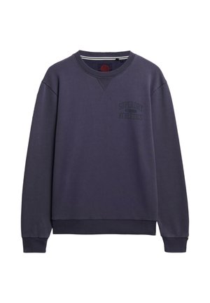 Marineblauer Pullover aus Baumwollmischung; verfügt über gerippte Bündchen, einen Rundhalsausschnitt und einen Frontdruck mit der Aufschrift "SUPERDRY ATHLETICS."