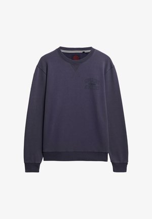 Marineblauer Pullover aus Baumwollmischung; verfügt über gerippte Bündchen, einen Rundhalsausschnitt und einen Frontdruck mit der Aufschrift "SUPERDRY ATHLETICS."