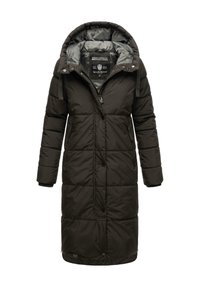 Abrigo de puffer negro largo con capucha, que presenta un cierre de cremallera frontal, botones a presión y puños elásticos. Tejido texturizado con patrón de acolchado horizontal.