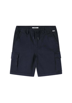 Mørkeblå herre casual shorts med snøre i taljen, bæltestropper, sidelommer og cargolommer på hvert ben.