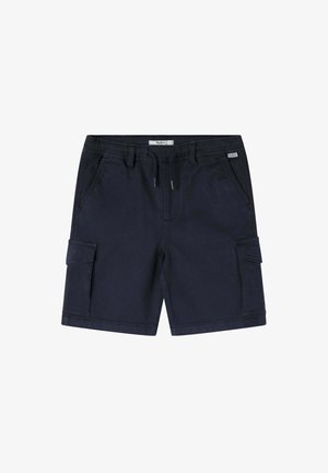 Mørkeblå herre casual shorts med snøre i taljen, bæltestropper, sidelommer og cargolommer på hvert ben.