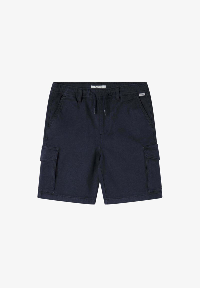Shorts décontractés pour homme bleu marine avec taille à cordon, passants de ceinture, poches latérales et poches cargo sur chaque jambe.