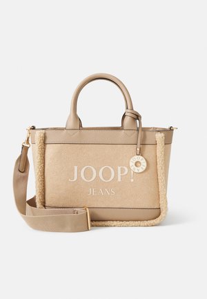 Beige rectangular handbag with two handles, detachable shoulder strap, fleece trim, and "JOOP! JEANS" logo on front.