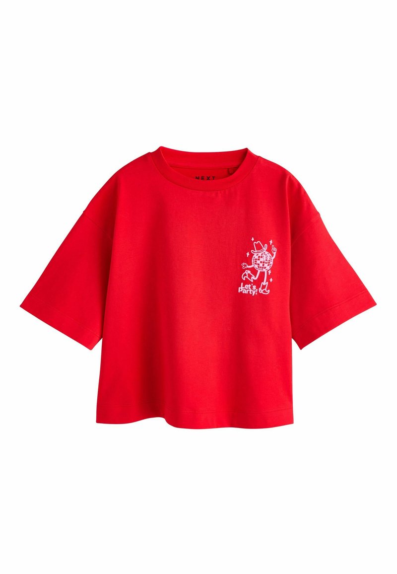 Red cotton t-shirt with short sleeves, relaxed fit, and a white printed graphic on the left side featuring a character and stars.