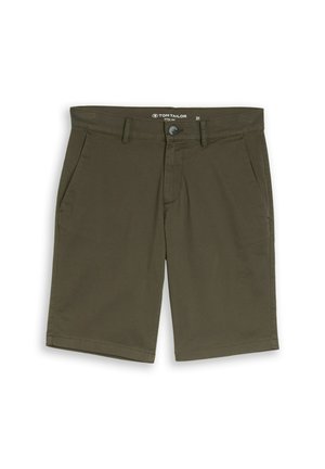 Męskie oliwkowozielone szorty o dopasowanym kroju, z przodem zapinanym na guzik i zamek, szlufkami na pasek oraz bocznymi kieszeniami.