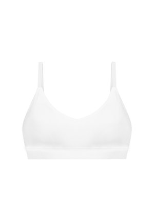 Witte bralette met een V-halsontwerp, dunne banden, gladde stof en een elastische onderband. Geen vulling of zichtbare hardware-details.