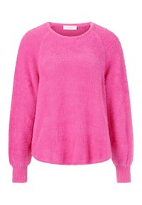 Maglione rosa morbido con collo rotondo, maniche lunghe a raglan e polsini a coste. Texture soffice, vestibilità comoda e senza pattern o accenti visibili.
