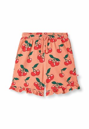 Pantalones cortos para niños de color durazno con dobladillos con volantes, cintura elástica con cordón y un patrón de cerezas rojas con hojas verdes.