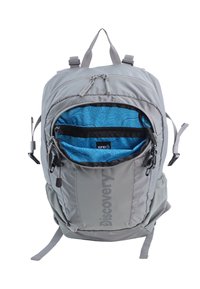 Gray backpack featuring a zippered opening, blue patterned lining, and RFID pocket. Includes adjustable straps and top carrying handle.