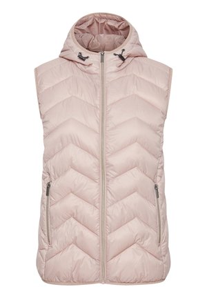 Gilet sans manches rembourré en rose clair, avec un motif en chevrons, une capuche, une fermeture éclair frontale et deux poches zippées sur les côtés. Texture lisse et matelassée.