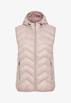 Gewatteerd mouwloos vest in lichtroze, met een zigzagpatroon, een capuchon, een voorkant met ritssluiting en twee zijzakken met ritssluiting. Gladde, gewatteerde textuur.