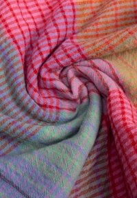 Geweven stof met een geruit patroon in levendige rood-, roze- en groentinten. Zachte textuur met een lichte glans en subtiele kleurvervloeiing.