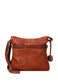 Borsa a tracolla in pelle marrone con tracolla regolabile, tasca frontale con zip e ciondolo rotondo con simbolo dell'ancora su sfondo bianco.