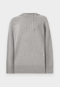 Sweatshirt cinza com capuz feito de tecido suave e malhado. Apresenta uma bainha e punhos canelados, com cordões ajustáveis para um ajuste personalizado.