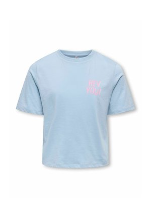 Light blue short-sleeve cropped T-shirt with round neck and pink text "HEY YOU!" on the left chest area.