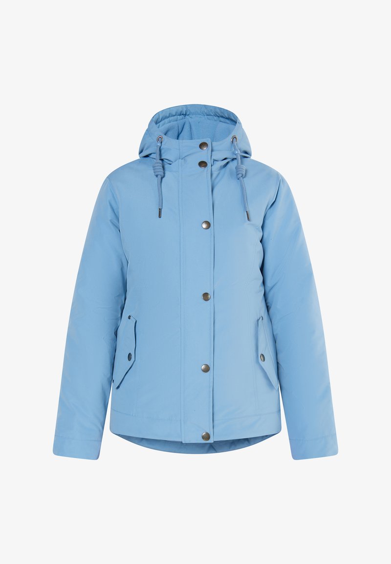 Jasnoniebieska kurtka ocieplana z kapturem, zapięcie na zatrzaski, dwie boczne kieszenie i sznurki do regulacji. Gładki materiał o matowym wykończeniu.