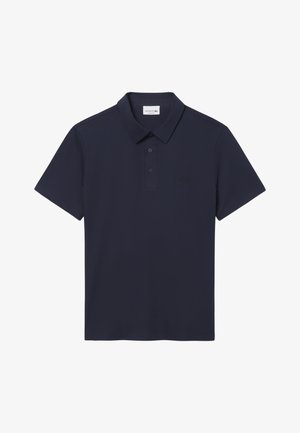 Polo bleu marine à manches courtes avec patte de boutonnage à deux boutons et petit logo brodé sur la poitrine gauche.
