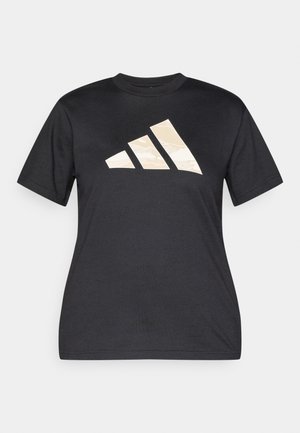 Schwarzes T-Shirt mit großem, reflektierendem beigem Drei-Streifen-Logo auf der Vorderseite. Kurze Ärmel und Rundhalsausschnitt. Weicher, glatter Stoff.