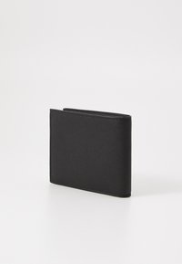 Black leather wallet with a textured finish, bi-fold design, and stitched edges. Compact shape with smooth surfaces and no visible embellishments.