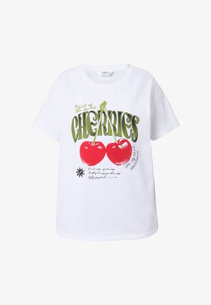 T-shirt en coton blanc avec un graphique de deux cerises rouges, un texte vert lisant "CERISES" et diverses phrases manuscrites.