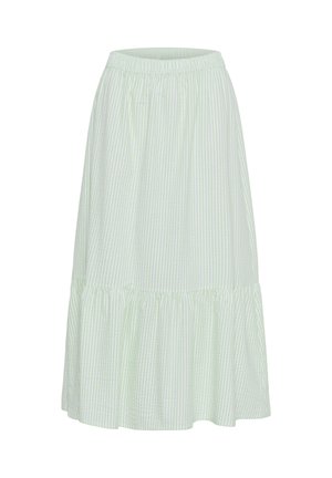 Grøn- og hvidstribet midi-nederdel med elastisk talje og volangkant. Fremstillet af letvægtsstof, har den en afslappet, flydende silhuet.