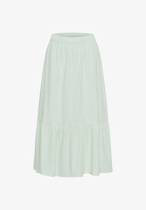 Grøn- og hvidstribet midi-nederdel med elastisk talje og volangkant. Fremstillet af letvægtsstof, har den en afslappet, flydende silhuet.