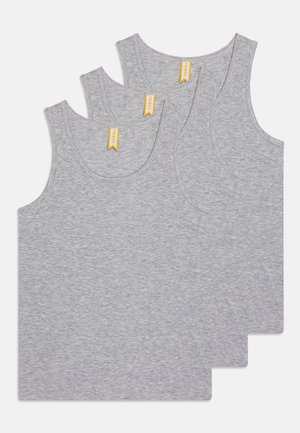 Three gray cotton tank tops with a soft texture, featuring round necklines and no sleeves. Each has a yellow label at the neckline.