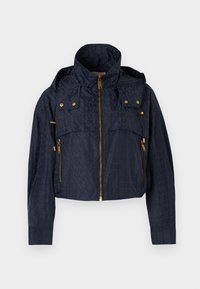 Μπλε σκούρο cropped μπουφάν με κουκούλα, χρυστό φερμουάρ και κουμπιά, και διακριτικό επαναλαμβανόμενο μοτίβο με το λογότυπο "MK".