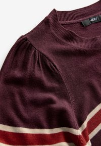 Burgundská svetr s kulatým výstřihem, který má nabírané rukávy a vodorovné pruhy v krémové a červené barvě na spodním okraji. Měkká textura.
